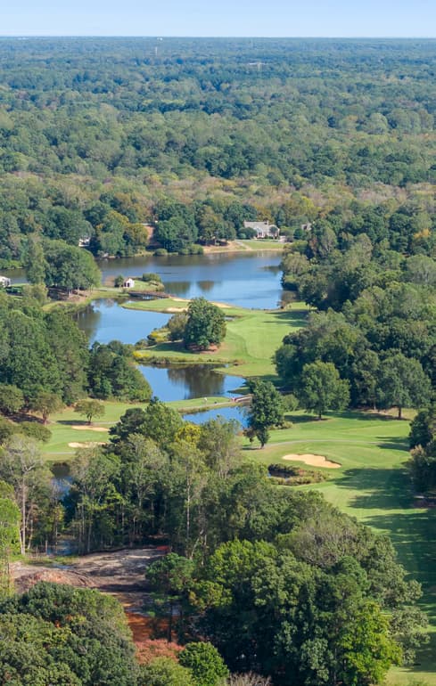 Aerial view of the Ford's Colony golf course and lakes surrounding St. Andrews Village